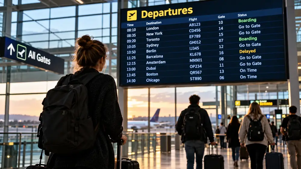 Illustration of travellers beside an airport departures board